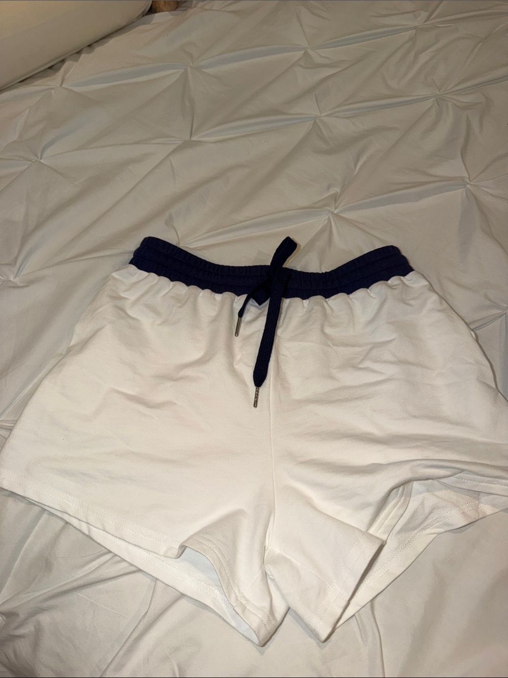 Women's White Drawstring Lounge Shorts with Navy Waistband